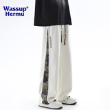 WASSUP HERMU官方潮牌休闲裤男女春夏季大码新中式刺绣小熊拼接直筒运动长裤子 米白色 L（推荐110-130斤）