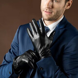 青禾润美触屏山羊真皮手套男士秋冬商务通勤驾驶骑行保暖加绒礼盒手套 黑色春秋薄款-礼盒装 L