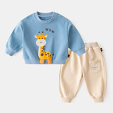 嘟嘟家宝宝套装春季男童两件套衣服儿童春装卡通可爱童装女童卫衣卫裤潮 蓝底小鹿+米色裤子 100