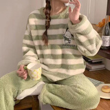 仙之仪 秋冬季加厚女士睡衣大码休闲韩版简约家居服保暖法兰绒套装 绿条纹帕恰狗 XL