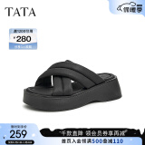 他她（TATA）云朵拖鞋黑色厚底一字带女鞋外穿松糕底凉拖新款WBS01BT3 黑色 34