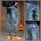 花花公子（PLAYBOY）加绒潮流复古男牛仔裤2025新款潮牌直筒宽松弹力秋冬季男九分裤 官方旗舰1件3010弹力 青古蓝 加绒 31 120-135斤