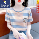 啄木鸟短袖T恤女条纹T恤女短袖23年夏季新款刺绣宽松半袖休闲纯棉圆领上 1589蓝色 L(建议110-125斤)
