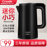 Creade 科瑞德烧水壶酒店专用电水壶家用小型便携式双层防烫自动断电无缝内胆304不锈钢电热水壶K-D08-A D08-A黑色 0.8L