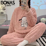 宝娜斯卡通珊瑚绒长裤秋冬宽松束脚松紧腰懒人睡裤家居睡衣套装 粉色-小狗提花 均码 （90-150斤）