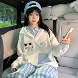 麓格立 卫衣女春秋季新款ins风假两件连帽卫衣学院风休闲百搭设计感上衣 猫咪蓝格卫衣【M】