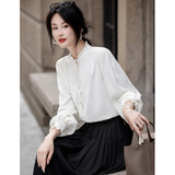 德玛纳【抓皱亮感衬衫】春秋法式女人味荷叶边立领抽褶气质衬衣女装上衣
