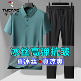 啄木鸟父亲节礼物两件套冰丝短袖t恤男爸爸夏季弹力中年凉感polo翻领衫 海绿+黑裤子 XL ( 建议115-135斤 )