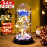 鱼七秒永生花玫瑰花平安夜夜灯摆件情人节生日礼物女生圣诞节送妈妈女友 蓝色永生花玻璃罩小夜灯-暖灯