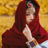 栢启歆披肩女外搭红色披肩西藏青海湖拍照旅游围巾披风保暖围脖民族风 纯色披肩【复古枣红色-超大款】