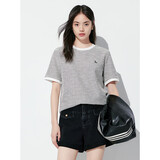 太平鸟女装小香风T恤女短袖夏直筒宽松圆领撞色针织上衣 黑色 L