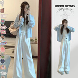 妍莉芬（yanlifen）休闲裤女2025年秋装新款蓝色毛衣外套女装秋冬套装针织衫衣服裤子 三件套 55/60kg/L