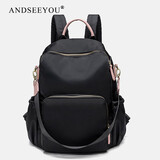 ANDSEEYOU时尚撞色牛津布双肩包女日韩轻便防水通勤尼龙背包旅游防盗帆布包 黑色加粉色大号 可装13英寸电脑