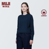 无印良品 MUJI 女式 棱纹编织 圆领短款针织衫 长袖女款 女装 薄款毛衣 藏青色 L (165/88A)