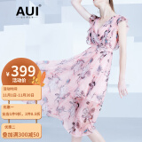 AUI 碎花雪纺连衣裙女2022夏新品设计感时尚女装中长款V领无袖裙子 粉色 M