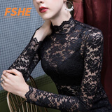 FSHE高领蕾丝打底衫女内搭春秋新款性感网纱镂空钩花洋气上衣修身长袖 黑色长袖打底衫 M [建议80-99斤]
