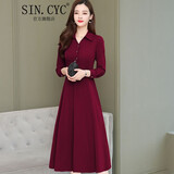 SIN.CYC 女装polo领阔太太连衣裙长袖中长款春秋季韩版收腰简约裙子 酒红 XL 115-130
