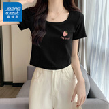 真维斯（JEANSWEST）t恤女士夏季2025新款方领短款紧身短袖女装休闲时尚甜妹半袖上衣 黑色 草莓图章_K L 【U型领口】