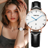 时光一百（TIME100）手表女轻薄简约头层油蜡牛皮女士手表圆盘日历防水学生女神节礼物 黑色
