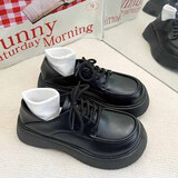 九寸阳光乐福鞋女踩跟单鞋圆头百搭松糕厚底增高两穿英伦风JK小皮鞋女 黑色 38