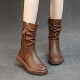 百丽踏真皮中筒靴女马丁靴2025年秋冬季新款中跟瘦瘦靴加绒 深棕色 单里 37