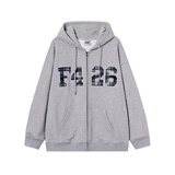 F426【赵露思同款】春季嘻哈宽松大logo格子贴绣卫衣外套 花灰  L