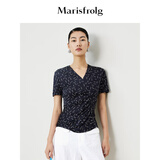 Marisfrolg【商场同款】玛丝菲尔年夏季新款设计感气质V领针织印花T恤女 藏蓝 S