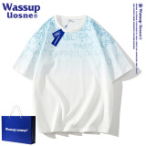 WASSUP UOSNE官方潮牌渐变色短袖t恤男士夏季休闲宽松五分袖潮流印花半袖上衣 白蓝色 XL