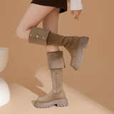 达芙妮秋冬过膝长靴小个子显瘦女靴弹力可折叠两穿女靴高筒靴 卡其 38