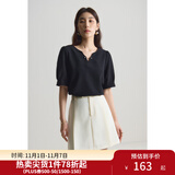 独束大码女装设计感V领雪纺衫女夏装新款微胖mm正肩宽松显瘦上衣 芝麻黑 2XL (尺码：4)