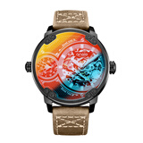 Angie亨积男士手表男款全自动机械表 双机芯【机械表+石英】夜光防水 炫彩-卡其色皮带（送真皮表带）