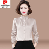 皮尔卡丹（pierre cardin）23年新款立领雪纺衬衫女长袖春秋洋气新款时尚小衫上衣打底衫衬衣 CZP5012杏色 L 【建议105-115斤】