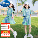 迪士尼（Disney）童装女童套装夏季2024新款中大童女孩夏装扎染纯棉短袖T恤半身裙 绿色（带安全裤） 150建议身高140-150cm年龄11-12岁