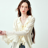 乐町甜美少女感白色荷叶边衬衫女夏季新款时尚百搭肌理感衬衣 米白（现货） S