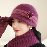 红蜻蜓女士中老年人帽子冬季老人帽毛线妈妈帽冬天奶奶婆婆老太太针织帽 兔毛混纺[单帽]W2415紫红色