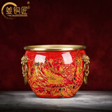 姜铜匠【故宫狮耳缸】铜聚宝盆工艺品办公室客厅玄关家居招财故宫缸摆件 【中号聚宝盆】橙红色L13*H9.5cm