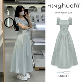 GARNUO赫本风法式方领蓝色短袖连衣裙女夏季小个子高级感收腰显瘦长裙子 蓝色【短袖版】 XS【80-100斤】