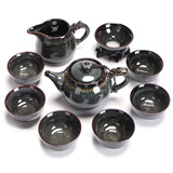 康乐品 钧窑建盏茶具套装家用陶瓷茶壶茶杯曜变天目釉功夫茶具整套礼品 拉丝珊瑚茶壶 10头