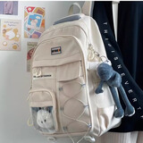 星之海大学生减负护脊中学生书包男新款初高中女生双肩包大容量超轻背包 白色 带格子吊坠+灰青蛙挂件