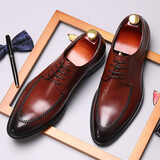 村哥牛皮男士皮鞋真皮商务正装皮鞋男透气尖头英伦婚鞋 棕色 37