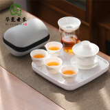 羊脂玉白瓷旅行功夫茶具小套装家用便携式盖碗茶杯一人饮户外泡茶 羊脂玉便携茶具【水墨远山】+茶盘【主图热销款】