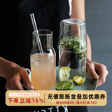 舍里 日式玻璃一壶一杯套装果汁饮料杯茶壶水杯茶杯牛奶杯早餐杯 大号1人饮杯壶+玻璃吸管