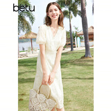 百图betu女装夏季新款连衣裙V领绣花花边拼接X型连衣裙女2403D07 米白 XS