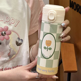 畅印郁金香保温杯女生弹扣不锈钢ins简约杯子女士高颜值保暖水杯学生 豌豆保温杯绿格子【500ml】