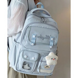 好奇猫韩版大容量多隔层书包女初中高中学生双肩包小学生四到六年级背包 蓝色【带吊坠+徽章+星星挂件】