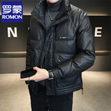 罗蒙（ROMON）高端羽绒服男25秋冬季新款短款帅气潮牌白鸭绒皮衣外套保暖防风雨 YYS-D113-黑色 立领PU皮 XL 120-140斤