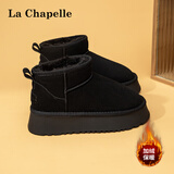 拉夏贝尔雪地靴女鞋冬季加绒保暖棉鞋女士黑色厚底短靴 黑色 37 