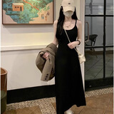 巧丂针织吊带粉色连衣裙女春秋新款内搭外穿辣妹chic收腰修身气质长裙 黑色 均码 （80-120斤）