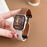 炫戴适用苹果S11手表S10表带s9真皮apple iWatchs8/7/6/5荔枝纹磁吸se3秋冬商务ultra3高级42/46mm女款 磁吸扣皮带-米白拼棕色 适用：38/40/41/42mm表盘