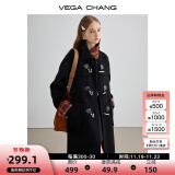 VEGA CHANG黑色毛呢子大衣女2024秋冬新款格纹中长款大衣 锆石黑 M